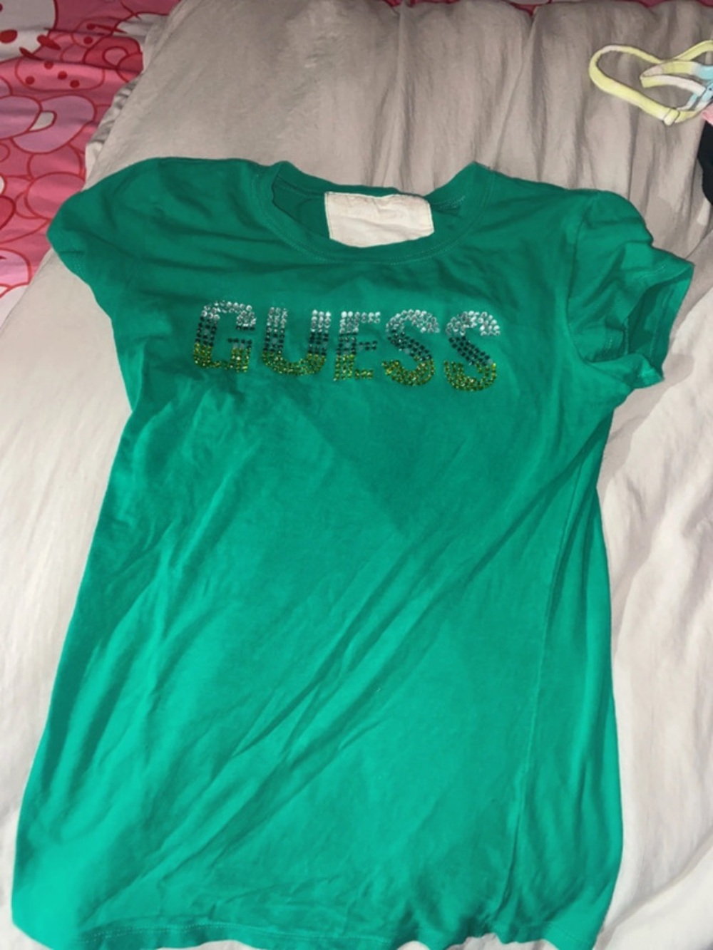 Guess Teal Green Rhinestone Logo Tee